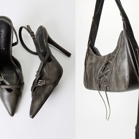 Anastasia Slingback Pump Distressed Black Size 11 wide with Matching Handbag - Picture 1 of 3